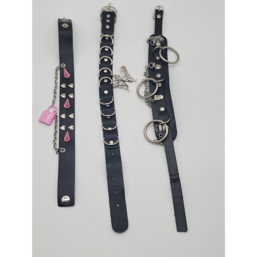 3 Pc Goth Punk Choker Bundle Butterfly O Ring Spike Padlock Alt Necklace Set - Picture 8 of 10